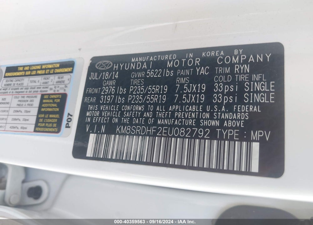 2014 HYUNDAI SANTA FE LIMITED VIN: KM8SRDHF2EU082792