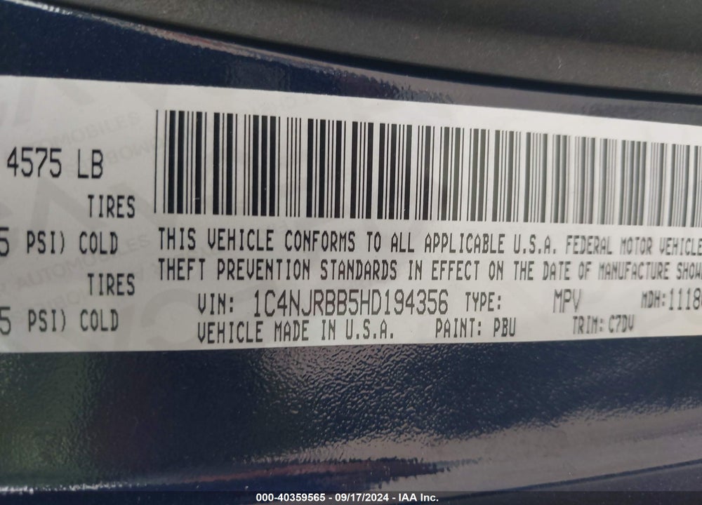 2017 JEEP PATRIOT SPORT 4X4 VIN: 1C4NJRBB5HD194356