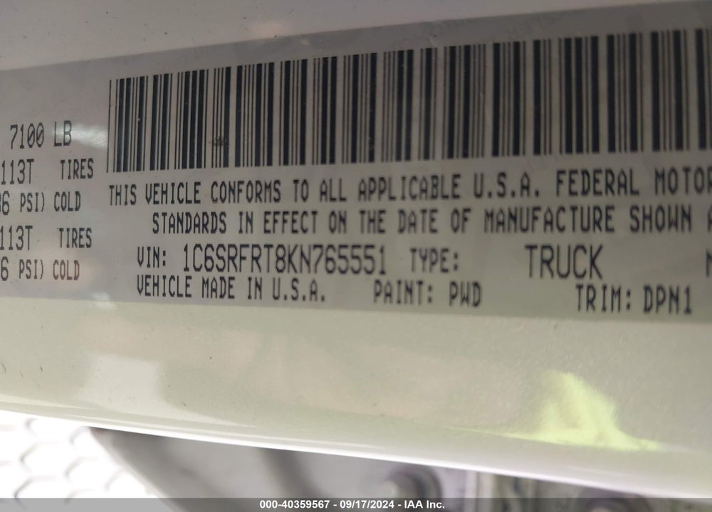 2019 RAM 1500 VIN: 1C6SRFRT8KN765551