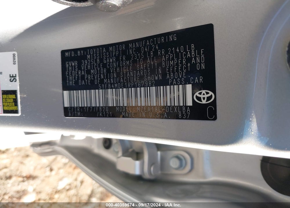 2024 TOYOTA COROLLA LE VIN: 5YFB4MDE1RP167982
