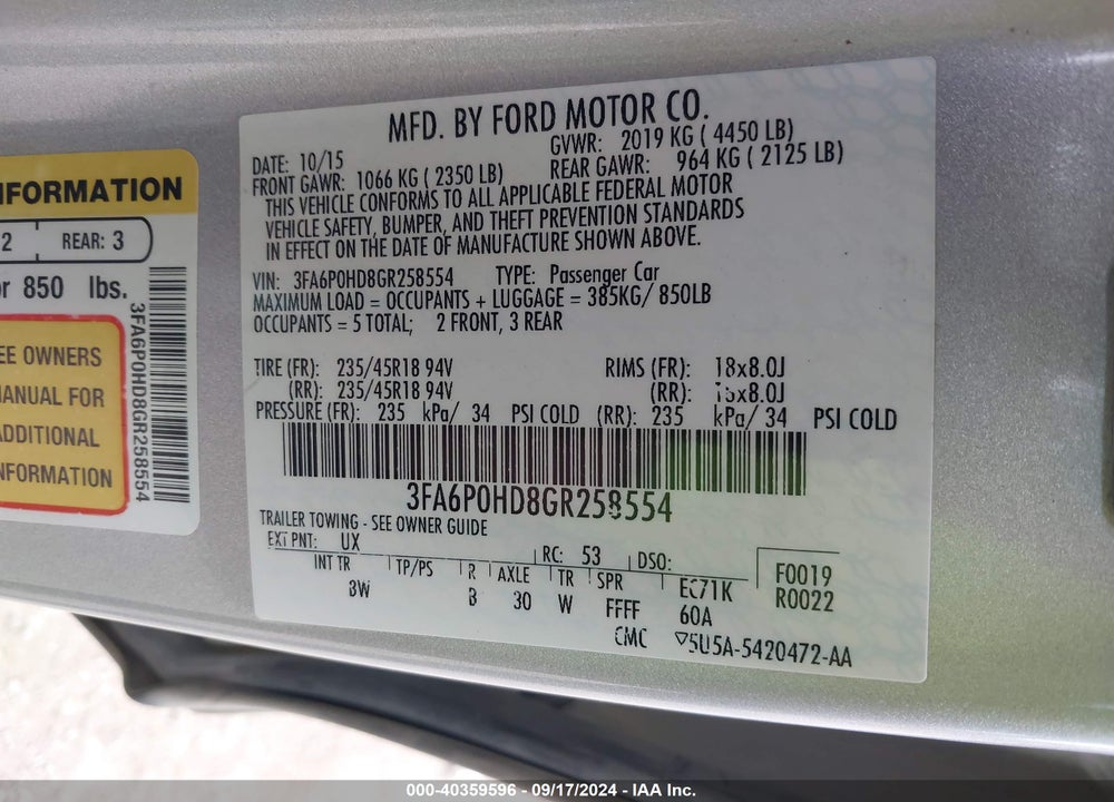 2016 FORD FUSION SE VIN: 3FA6P0HD8GR258554