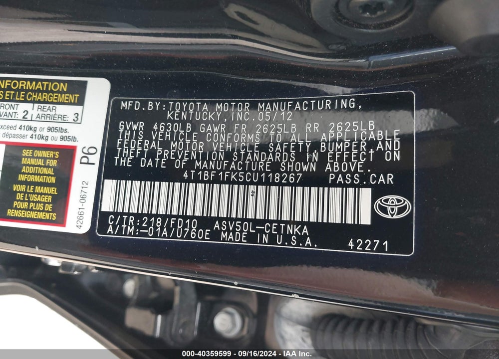 2012 TOYOTA CAMRY LE VIN: 4T1BF1FK5CU118267