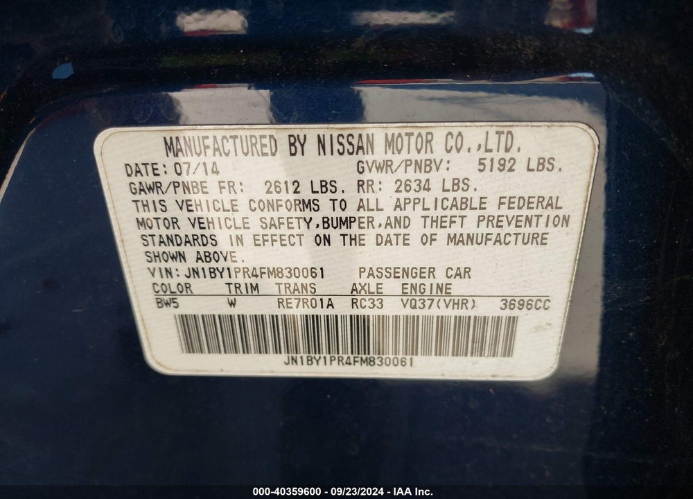 2015 INFINITI Q70L 3.7X VIN: JN1BY1PR4FM830061