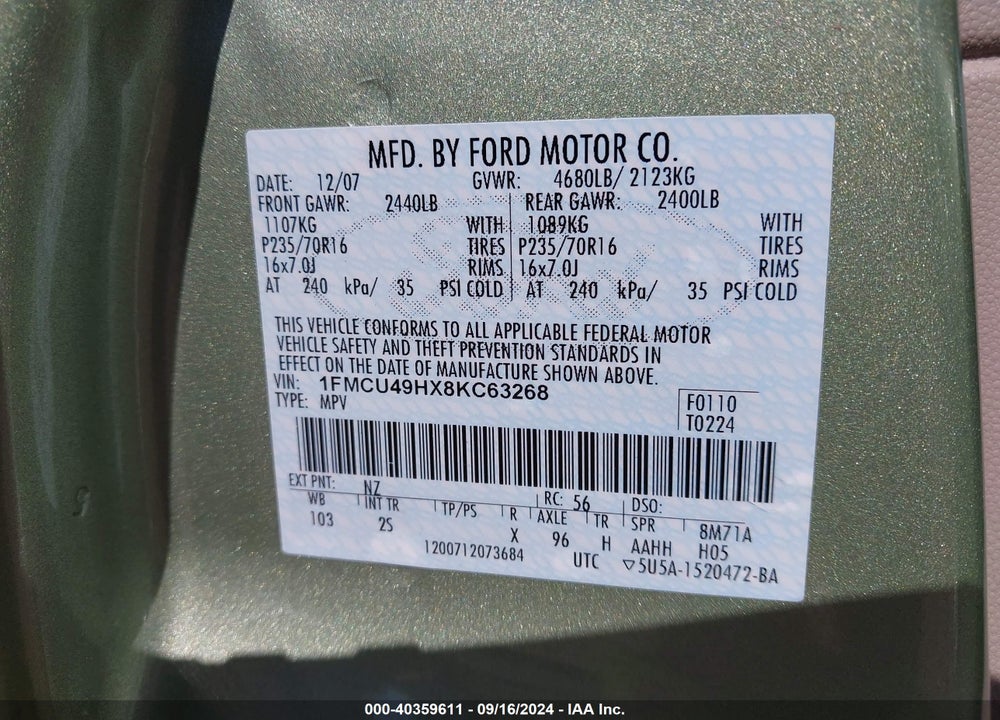 2008 FORD ESCAPE HYBRID VIN: 1FMCU49HX8KC63268