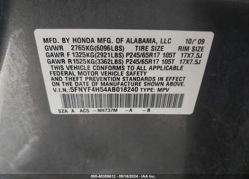 2010 HONDA PILOT EX-L VIN: 5FNYF4H54AB018240