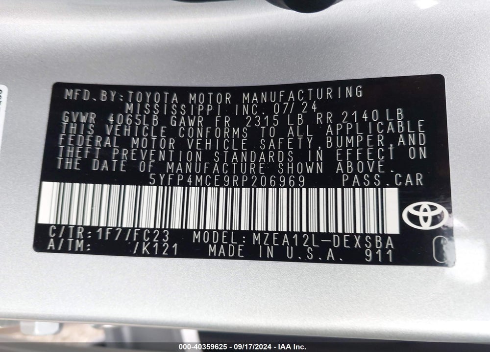 2024 TOYOTA COROLLA SE VIN: 5YFP4MCE9RP206969