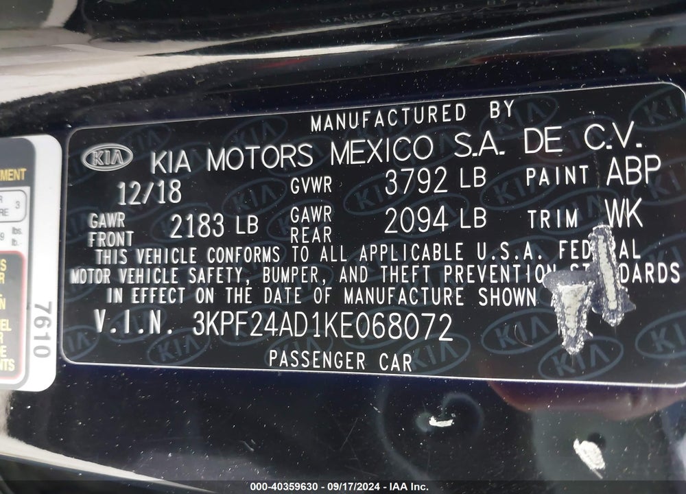 2019 KIA FORTE LXS VIN: 3KPF24AD1KE068072