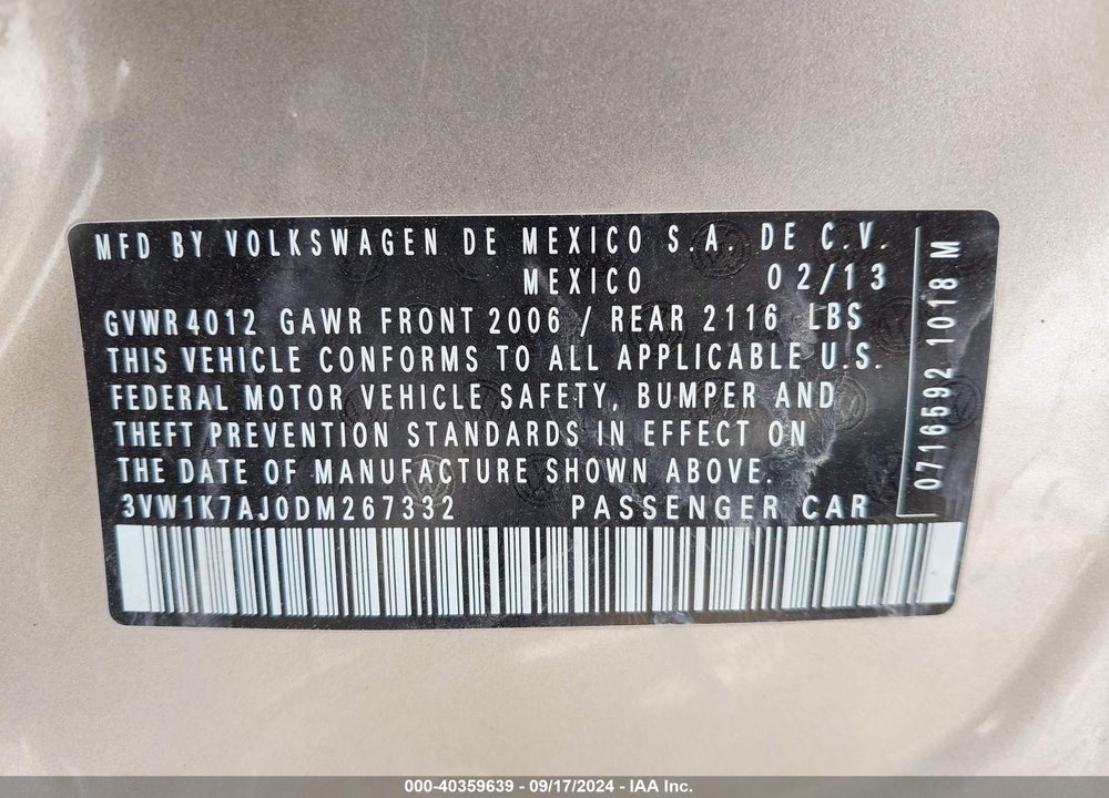 2013 VOLKSWAGEN JETTA 2.0L S VIN: 3VW1K7AJ0DM267332