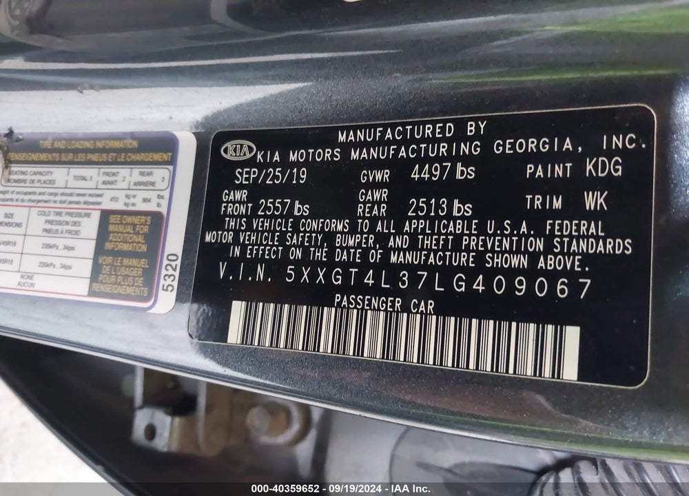 2020 KIA OPTIMA S VIN: 5XXGT4L37LG409067