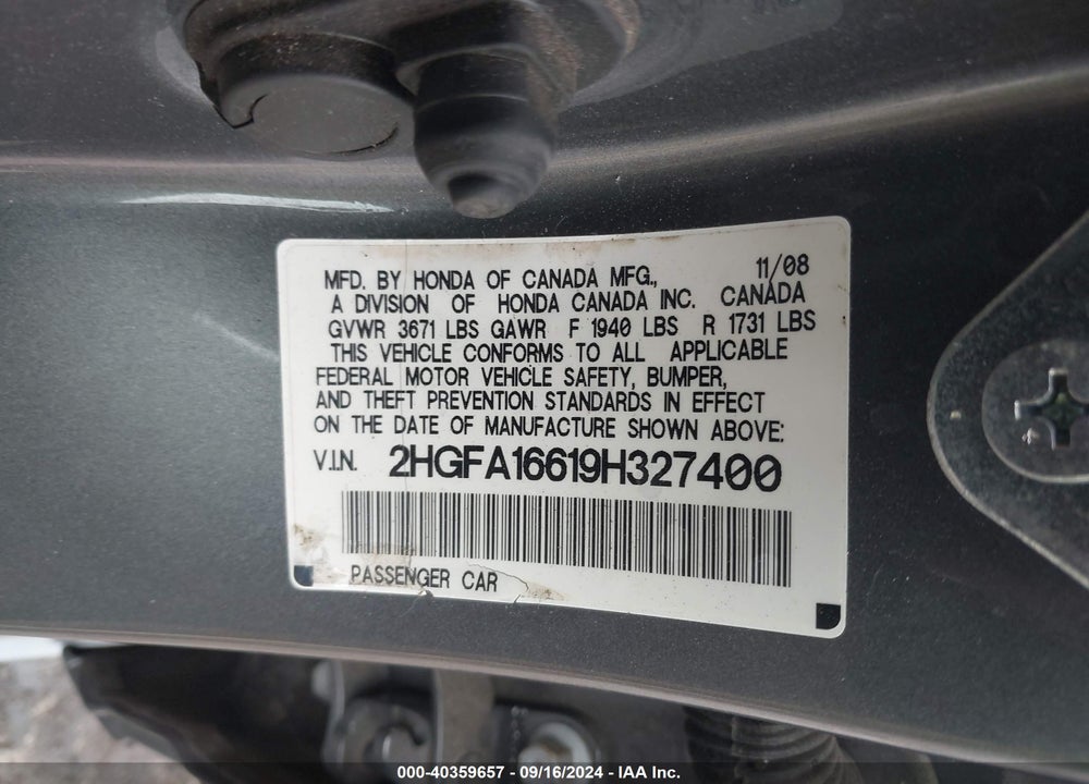 2009 HONDA CIVIC LX-S VIN: 2HGFA16619H327400