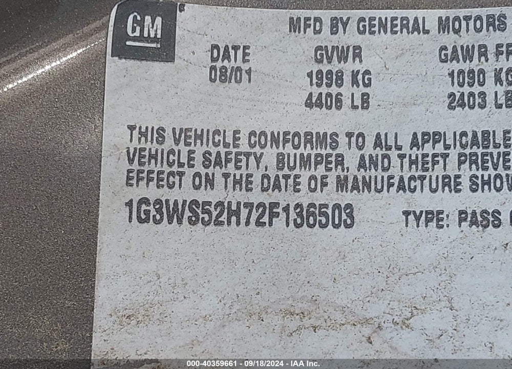 2002 OLDSMOBILE INTRIGUE GL VIN: 1G3WS52H72F136503