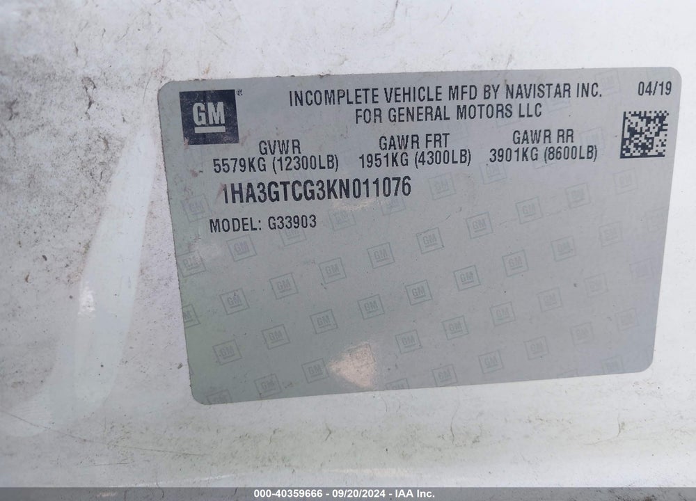 2019 CHEVROLET EXPRESS CUTAWAY WORK VAN VIN: 1HA3GTCG3KN011076