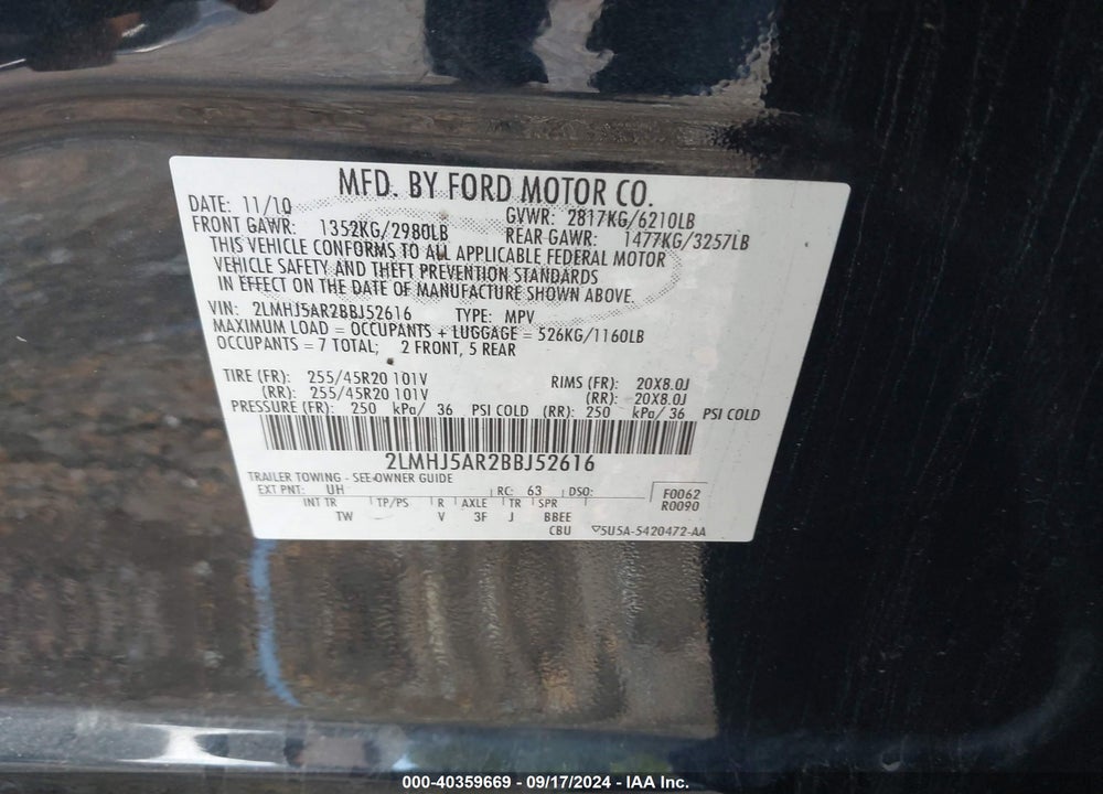 2011 LINCOLN MKT VIN: 2LMHJ5AR2BBJ52616
