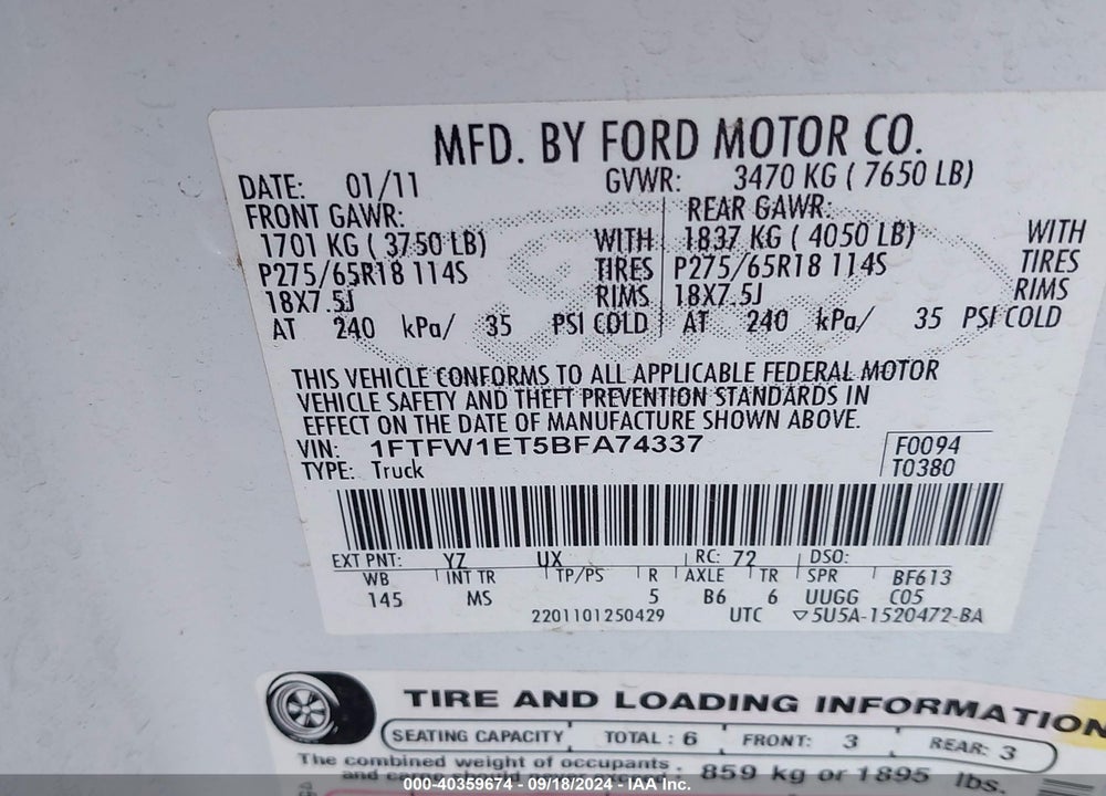 2011 FORD F-150 XLT VIN: 1FTFW1ET5BFA74337