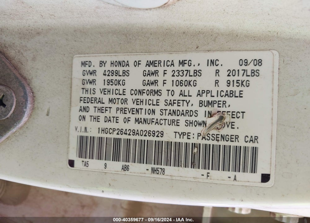 2009 HONDA ACCORD 2.4 LX-P VIN: 1HGCP26429A026929