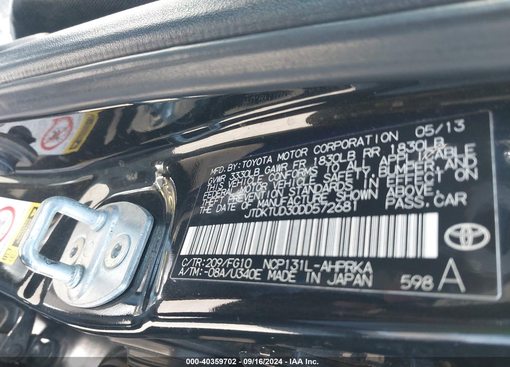 2013 TOYOTA YARIS L VIN: JTDKTUD30DD572681