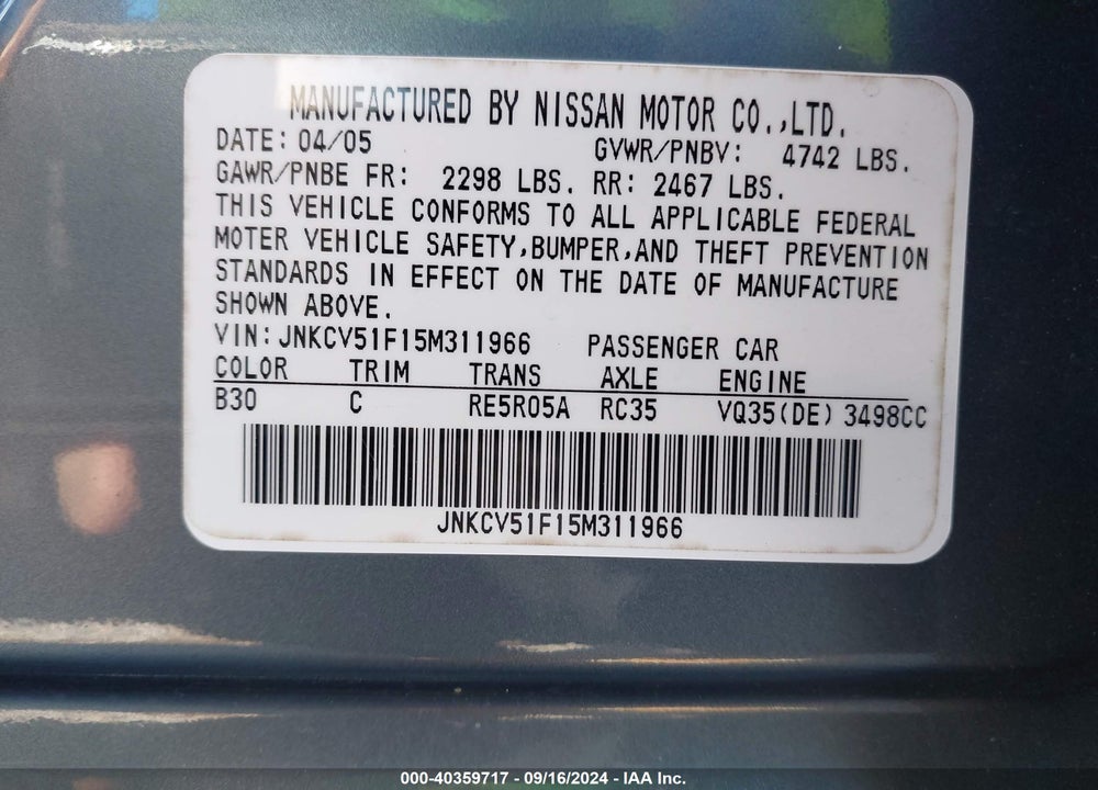 2005 INFINITI G35X VIN: JNKCV51F15M311966