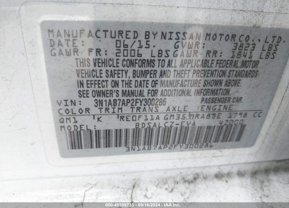 2015 NISSAN SENTRA S VIN: 3N1AB7AP2FY300286