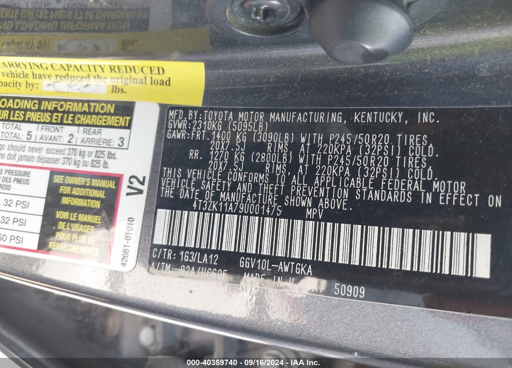 2009 TOYOTA VENZA BASE V6 VIN: 4T3ZK11A79U001475