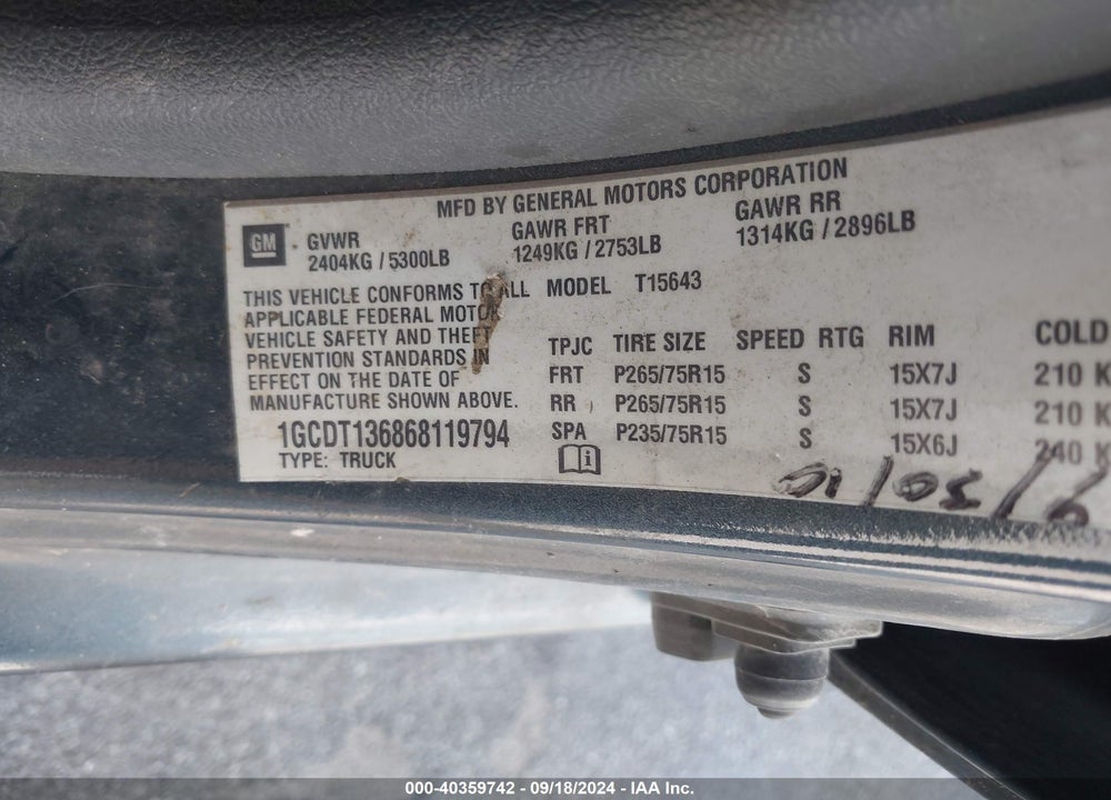 2006 CHEVROLET COLORADO LT VIN: 1GCDT136868119794