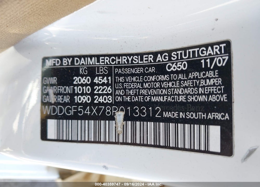 2008 MERCEDES-BENZ C 300 LUXURY/SPORT VIN: WDDGF54X78R013312