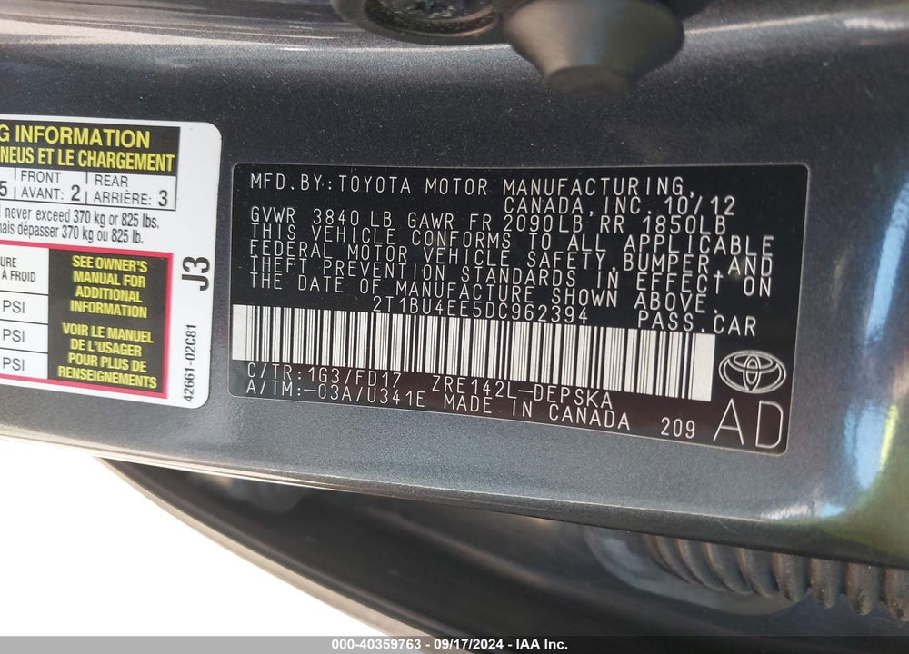 2013 TOYOTA COROLLA VIN: 2T1BU4EE5DC962394