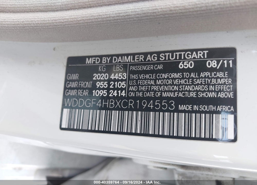 2012 MERCEDES-BENZ C 250 LUXURY/SPORT VIN: WDDGF4HBXCR194553