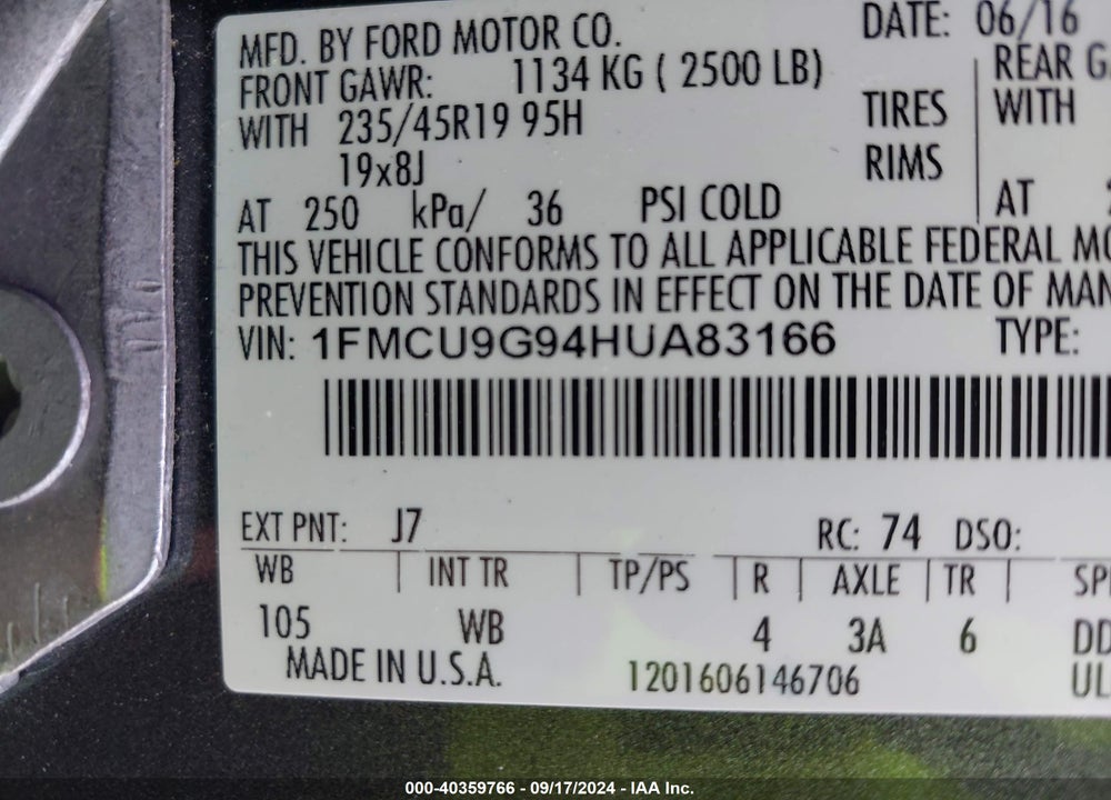 2017 FORD ESCAPE SE VIN: 1FMCU9G94HUA83166