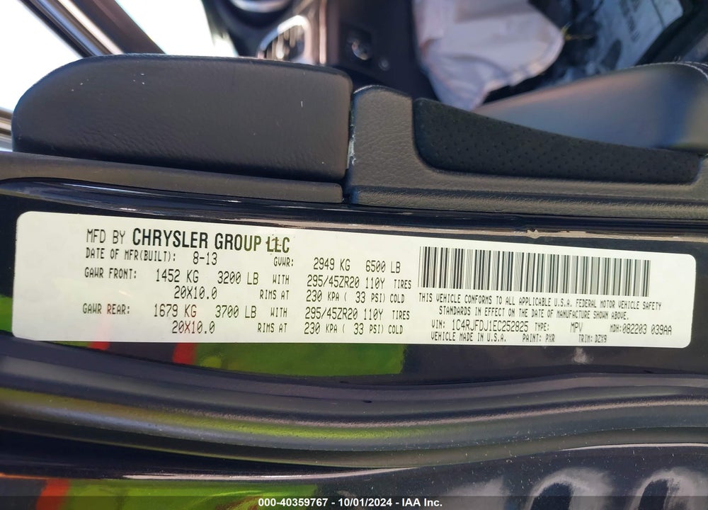 2014 JEEP GRAND CHEROKEE SRT8 VIN: 1C4RJFDJ1EC252825