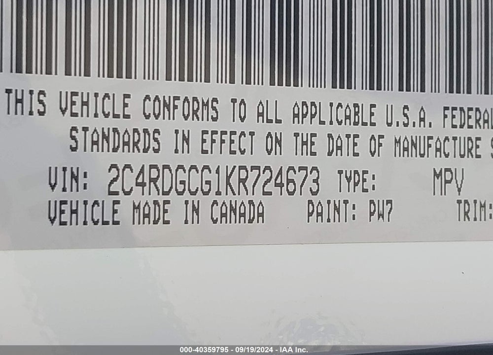 2019 DODGE GRAND CARAVAN SXT VIN: 2C4RDGCG1KR724673