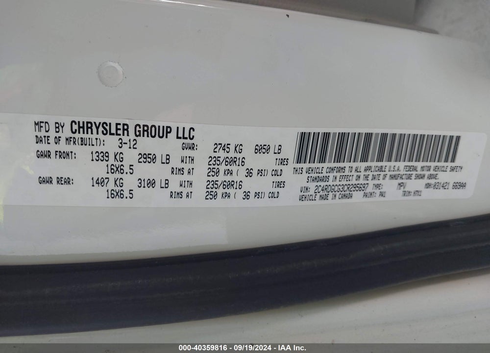2012 DODGE GRAND CARAVAN SXT VIN: 2C4RDGCG3CR295697