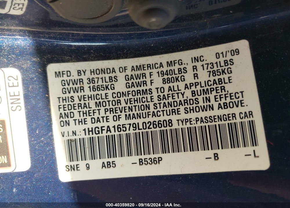 2009 HONDA CIVIC LX VIN: 1HGFA16579L026608