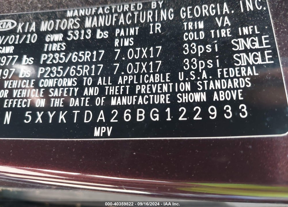 2011 KIA SORENTO LX V6 VIN: 5XYKTDA26BG122933
