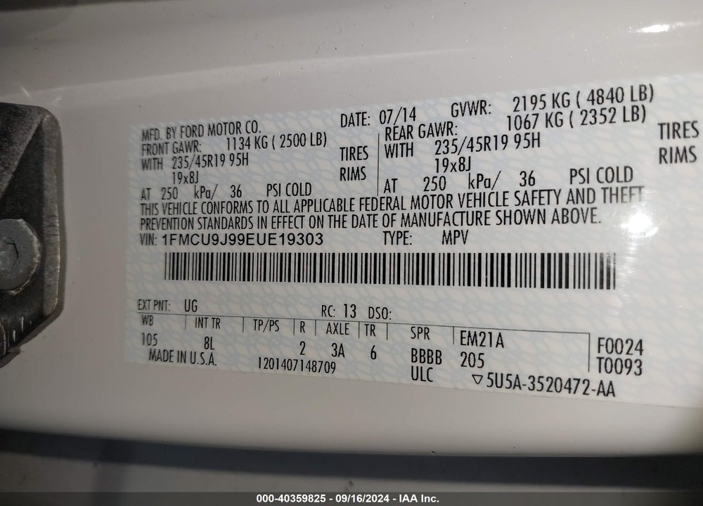 2014 FORD ESCAPE TITANIUM VIN: 1FMCU9J99EUE19303