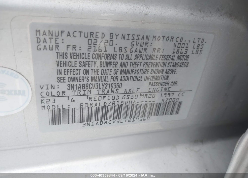 2020 NISSAN SENTRA SV XTRONIC CVT VIN: 3N1AB8CV3LY219360