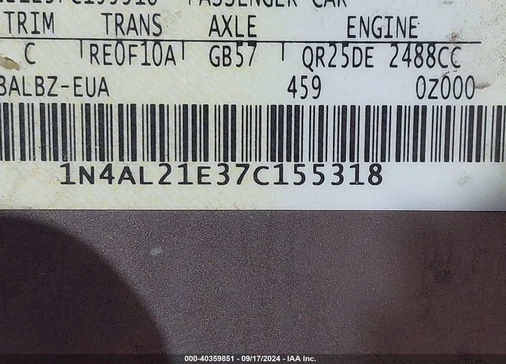 2007 NISSAN ALTIMA 2.5 S VIN: 1N4AL21E37C155318