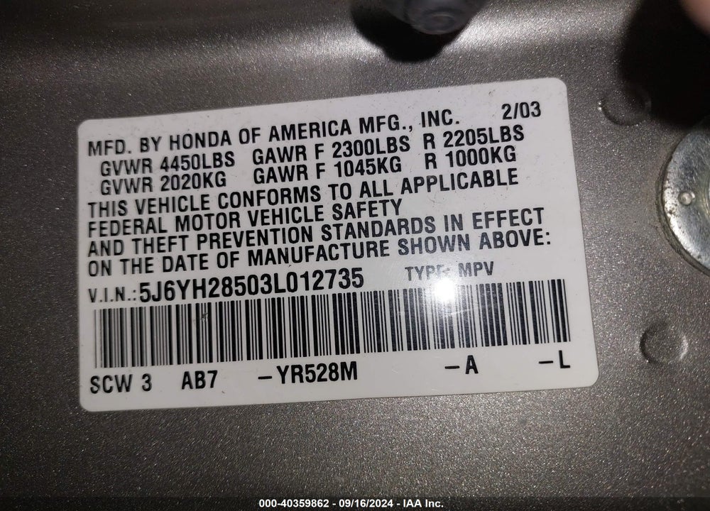 2003 HONDA ELEMENT EX VIN: 5J6YH28503L012735