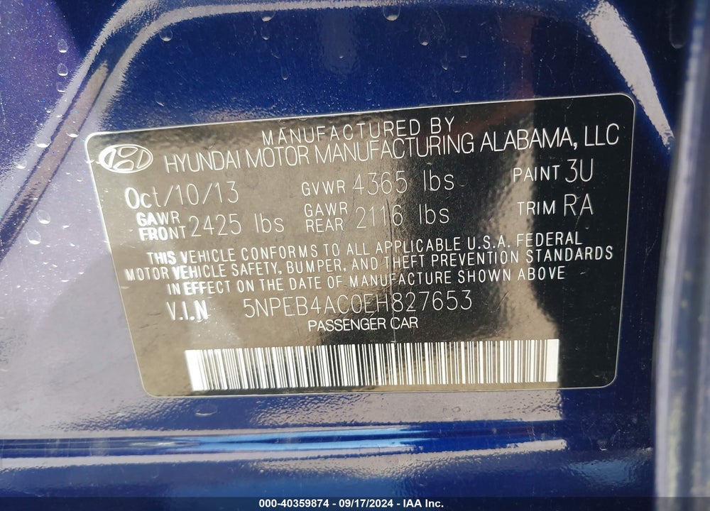 2014 HYUNDAI SONATA GLS VIN: 5NPEB4AC0EH827653
