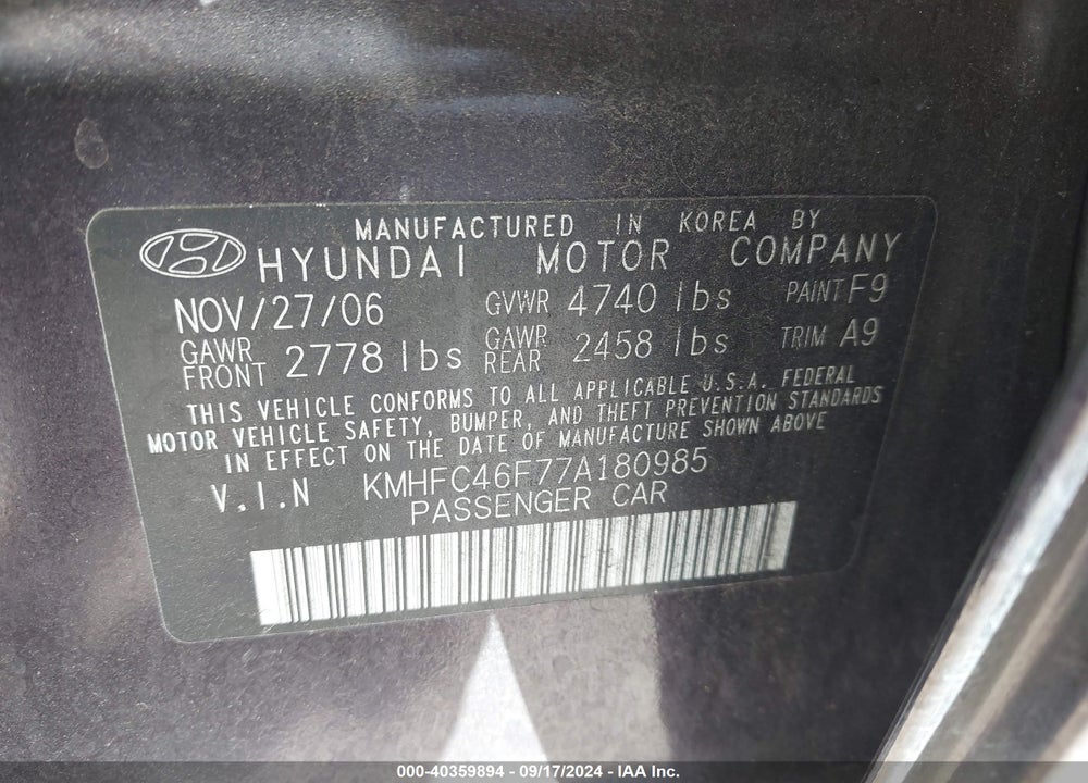 2007 HYUNDAI AZERA LIMITED/SE VIN: KMHFC46F77A180985