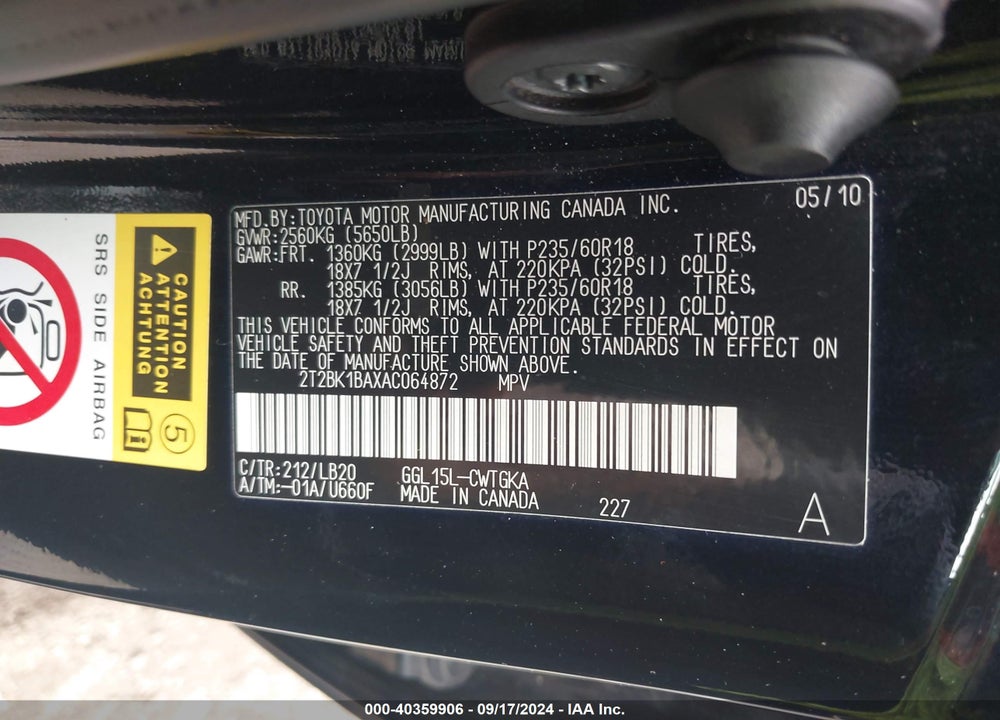 2010 LEXUS RX 350 VIN: 2T2BK1BAXAC064872