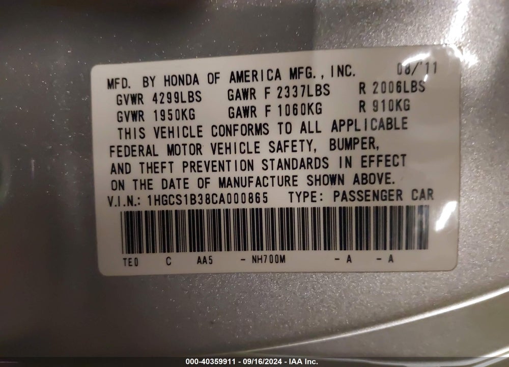 2012 HONDA ACCORD 2.4 LX-S VIN: 1HGCS1B38CA000865
