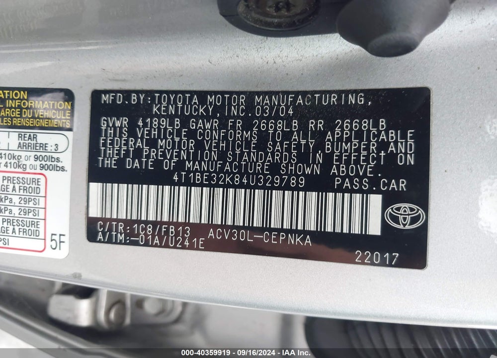 2004 TOYOTA CAMRY LE VIN: 4T1BE32K84U329789