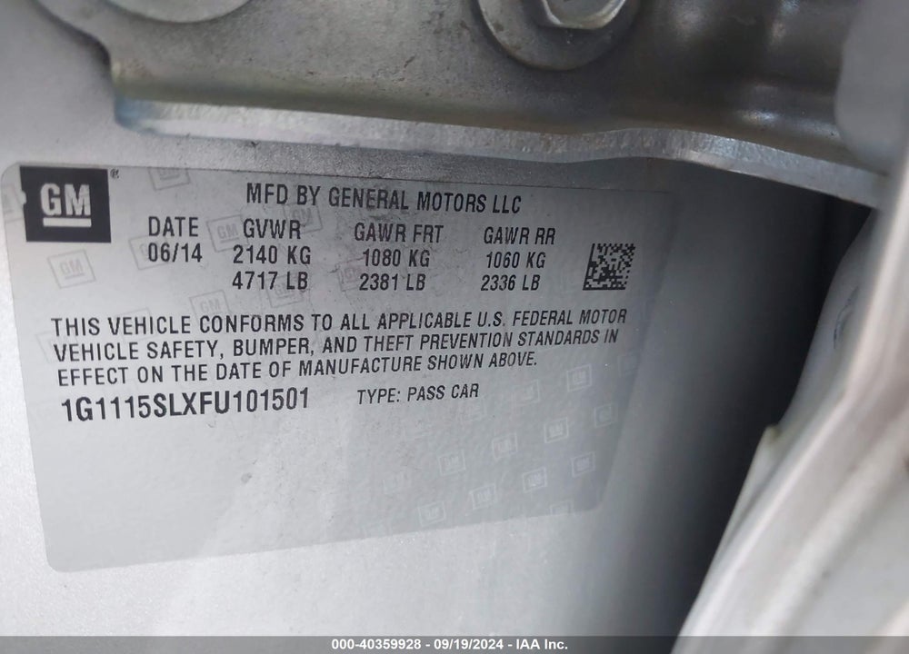 2015 CHEVROLET IMPALA 1LT VIN: 1G1115SLXFU101501