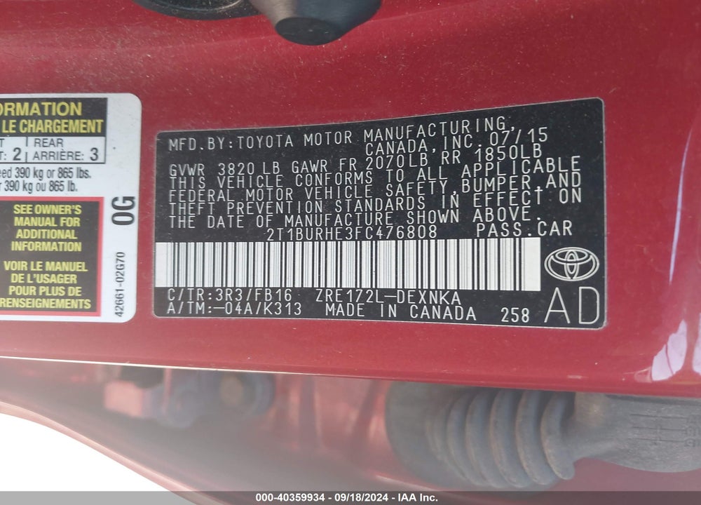 2015 TOYOTA COROLLA LE VIN: 2T1BURHE3FC476808