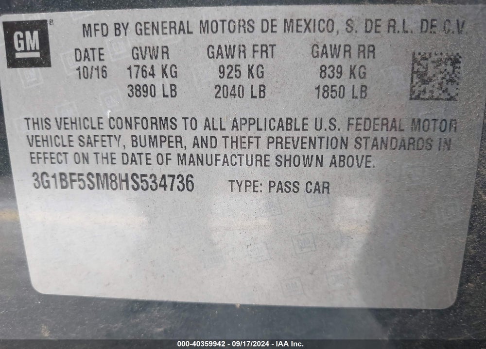 2017 CHEVROLET CRUZE PREMIER AUTO VIN: 3G1BF5SM8HS534736