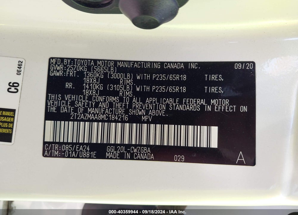 2021 LEXUS RX 350 VIN: 2T2AZMAA8MC184216