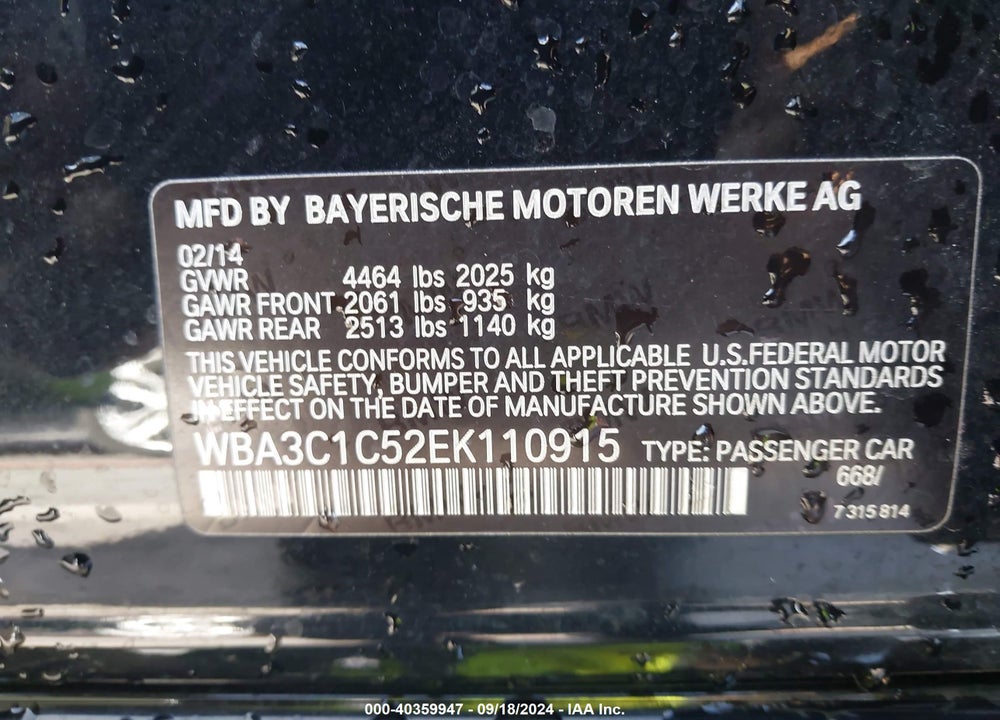 2014 BMW 328I VIN: WBA3C1C52EK110915