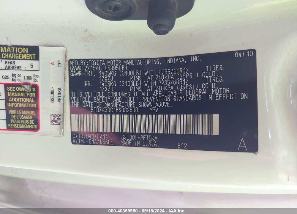 2011 TOYOTA SIENNA BASE V6 VIN: 5TDZK3DC1BS032608