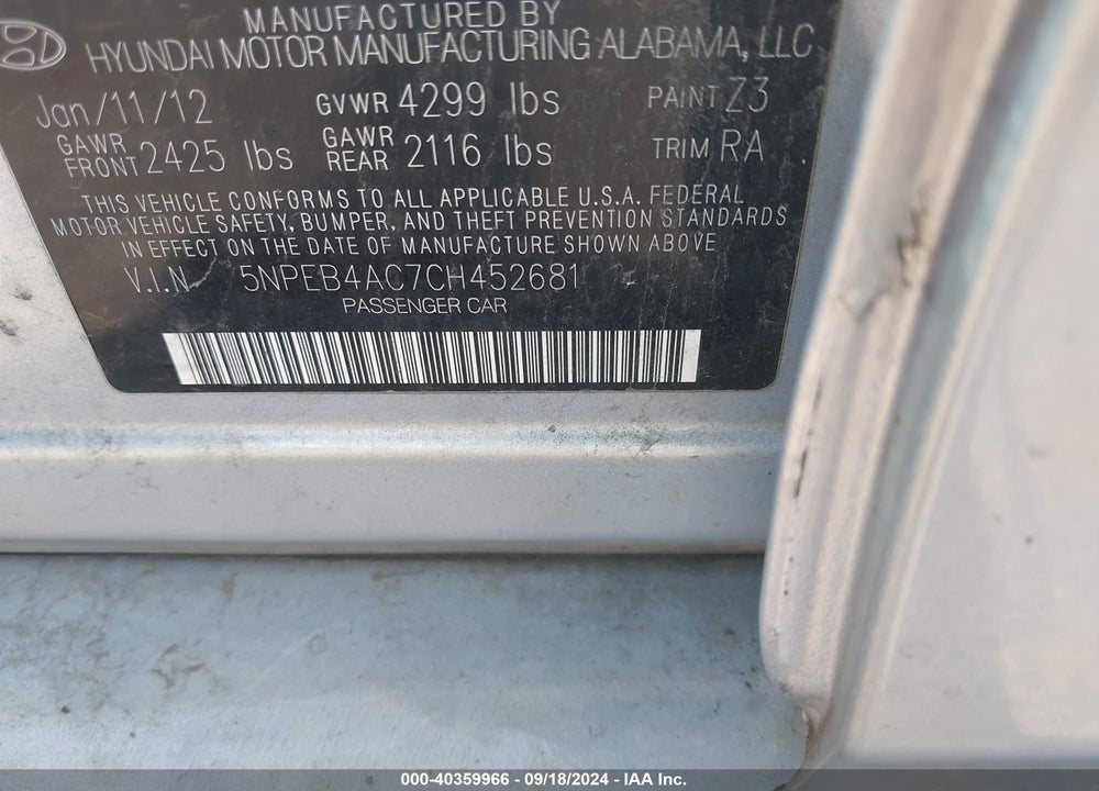 2012 HYUNDAI SONATA GLS VIN: 5NPEB4AC7CH452681