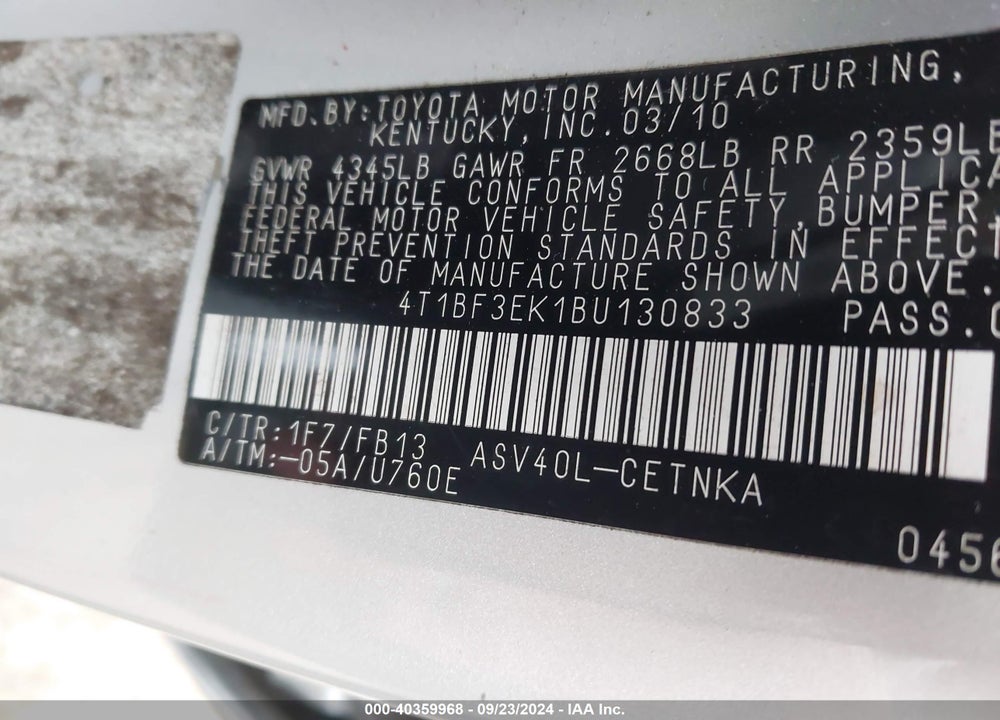 2011 TOYOTA CAMRY VIN: 4T1BF3EK1BU130833